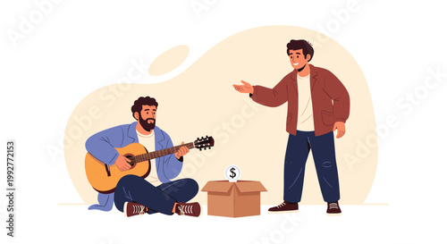 Street musician sitting on the ground and playing a guitar while a man approaches a cardboard donation box to offer financial support or coins.