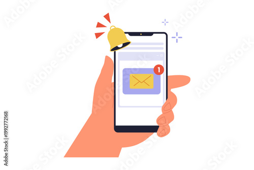 Illustration of Hand Holding Smartphone with New Email Notification. A close-up of a hand holding a mobile phone with a ringing bell icon and a new message notification alert on the screen
