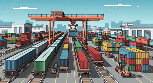 Industrial freight train yard with shipping containers and cranes.