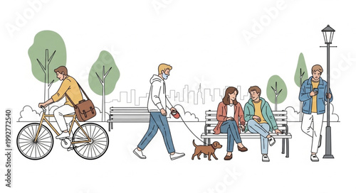 People enjoying a park on a sunny day with cycling and walking.