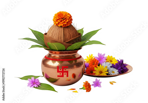 Kalasam Pooja with Swastika Symbol, Coconut, Flowers, and Mango Leaves on White Background