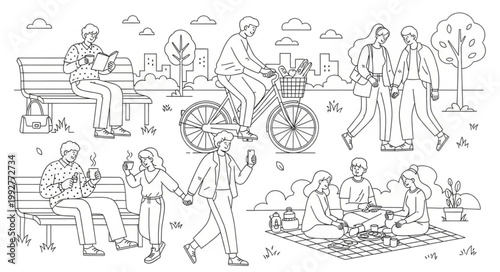 People enjoying various activities in a park setting.