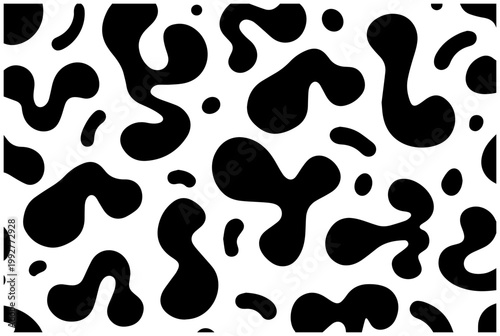 Abstract organic shapes resembling amoeba and bacteria cells in a seamless pattern with fluid blob like forms and small dots on a white background graphic design element