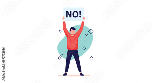 Man in a red sweater and dark pants holds up a white sign with the word NO written in bold letters as a sign of protest or refusal.