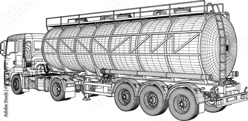Industrial tanker truck wireframe illustration with cylindrical storage tank heavy transport vehicle detailed engineering line drawing perspective view