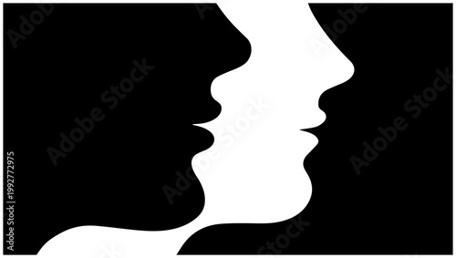 Abstract profile silhouettes of two faces in profile creating a negative space illusion of a third face or vase representing duality connection and perception bold graphic design