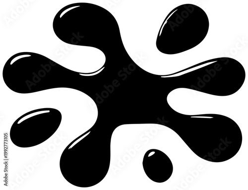Abstract smooth asymmetrical completely flat amoeba like organic shape in solid black color with glossy highlights on a pure white background representing fluid dynamics