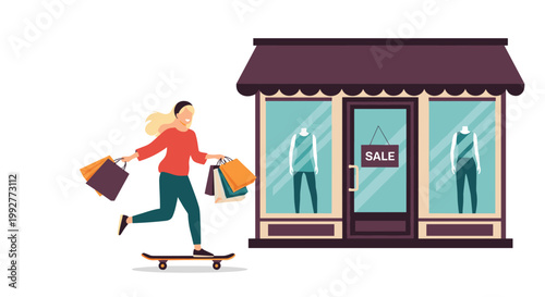 Fashionable woman with blonde hair rides a skateboard while carrying several colorful shopping bags past a store with a sale sign.