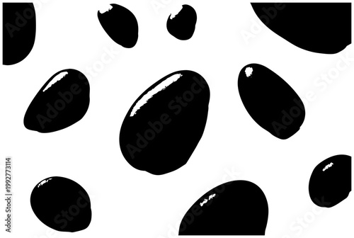 Abstract smooth completely flat floating pebble shapes in various sizes and orientations against a clean white background minimalist design with subtle highlights suggesting