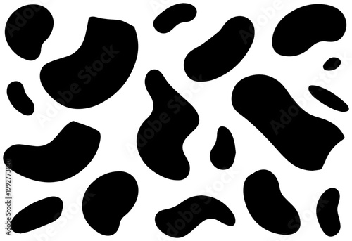 Abstract smooth entirely flat fluid paint splash shapes and organic blobs in black and white creating a dynamic and modern graphic design element for backgrounds and textures