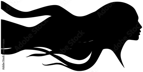 Abstract silhouette of a woman's profile with flowing hair resembling waves elegant black shape on white background fluid motion and graceful design for beauty and femininity