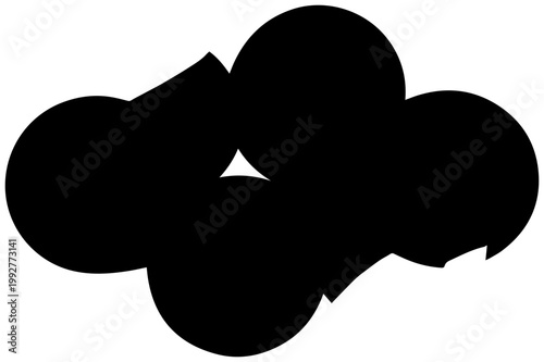 Abstract composition of solid black overlapping smooth geometric shapes including circles ellipses and a triangle creating a modern minimalist and dynamic visual form on a clean