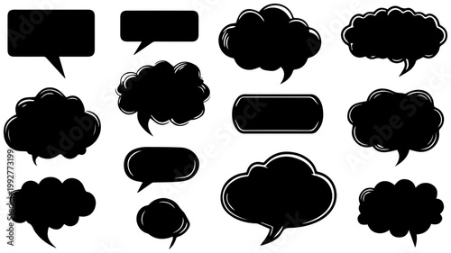 Collection of diverse black speech bubbles and thought clouds with blank copy space for text representing communication ideas and conversation isolated on a clean white background