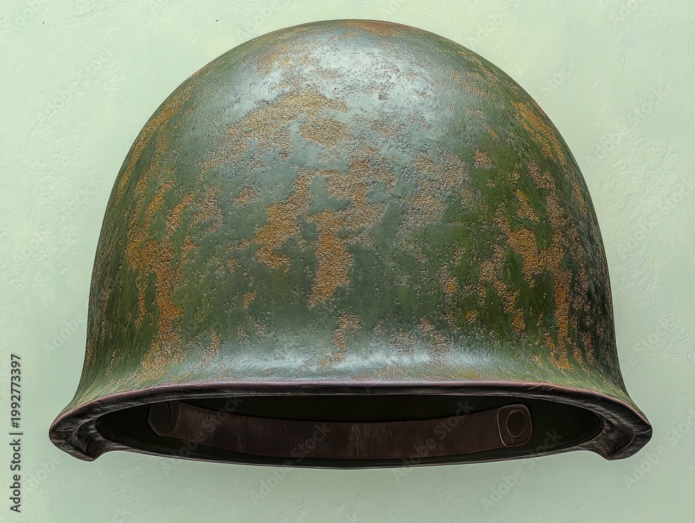Fototapeta premium worn green military helmet with rust patches and leather liner against pale textured wall, evoking nostalgia and solitude