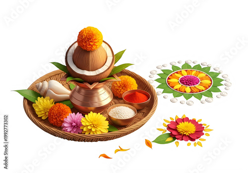 Hindu Pooja Thali with Coconut, Flowers, and Rangoli for Religious Worship and Festivals