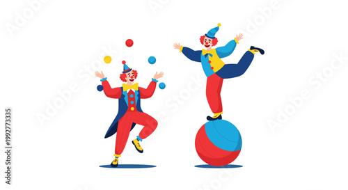 Two cheerful clowns in colorful costumes perform their acts with one juggling balls and the other balancing on a large striped ball.