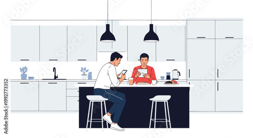 Two young men sit at a kitchen island and use their digital tablets while eating breakfast in a modern minimalist apartment.
