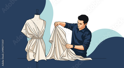 Skillful male fashion designer carefully drapes and folds light-colored fabric on a mannequin to create a new dress design.