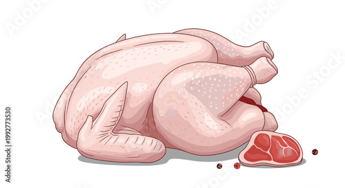 Detailed illustration of a raw whole chicken next to a small piece of red meat and peppercorns on a white background.