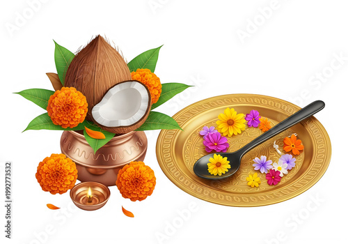 Indian Puja Ceremony Items: Coconut, Marigold Flowers, Kalash Pot, and Offering Plate with Spoon