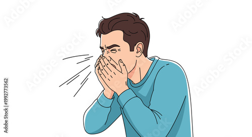 Man in a blue sweater covers his mouth and nose with his hands while sneezing with motion lines indicating the force of the sneeze.