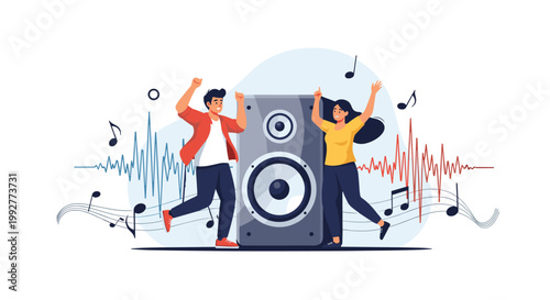 Young man and woman dancing joyfully next to a large stereo speaker with music notes and sound waves in the white background.