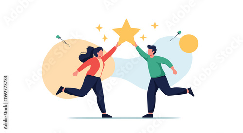 Energetic man and woman jumping together to reach a large shining golden star representing success and personal achievement.