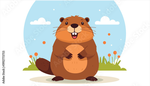 Cute Cartoon Groundhog Standing Outdoors in a Field.