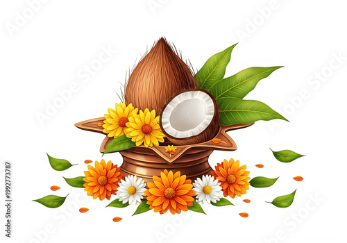 Traditional Indian Puja Kalash with Coconut, Marigold Flowers and Mango Leaves on White Background