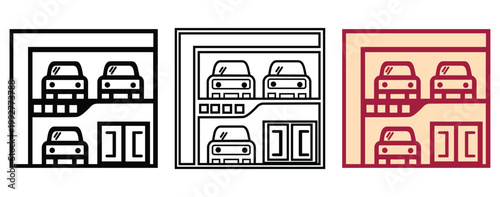Multi-Storey Car Parking Garage and Modern Dealership Building Vector Icon Set