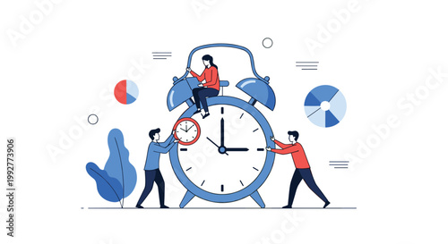 Team of business professionals working together to manage and adjust a giant alarm clock for time management concepts.