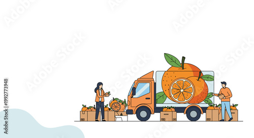 Logistics workers loading crates of fresh oranges into an orange delivery truck with a giant fruit graphic on the side.