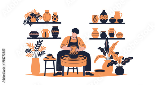 Skilled potter sitting at a wheel shaping a clay vase in a creative studio filled with various finished pottery on shelves.