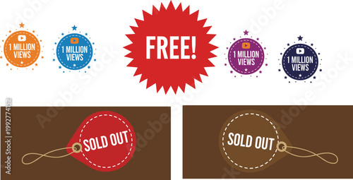 Set of colorful social media 1 million views badges, red free promotion starburst sticker, and red and brown sold out price tags,