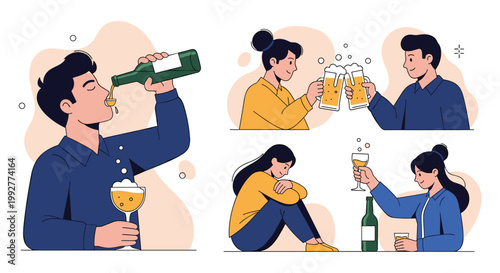 Illustration collage showing different aspects of alcohol consumption from social celebration to excessive drinking.