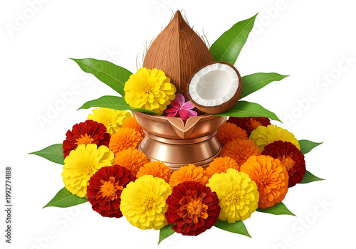 Traditional Indian Pooja Kalash with Coconut, Marigold Flowers, and Betel Leaves for Religious Rituals