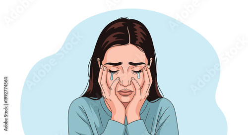 Portrait of a woman crying with tears on her face and hands held up to her cheeks showing deep sadness and grief.