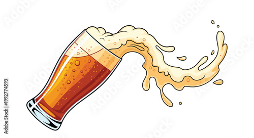 Tall glass of cold beer tilting and splashing a large wave of foam against a clean white background for drink menus.