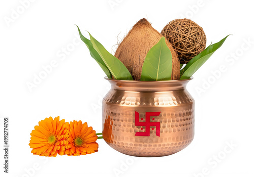 Hindu Kalash Pooja Pot with Coconut, Marigold Flowers, and Swastika Symbol on White Background