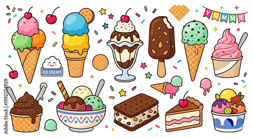 Vibrant and playful collection of hand-drawn kawaii-style ice cream treats including cones, sundaes, popsicles, and sandwiches on a white background with sprinkles.