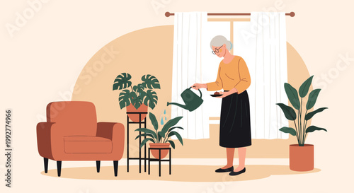Senior woman with grey hair wearing glasses and watering various green houseplants in her sunny living room using a green watering can.