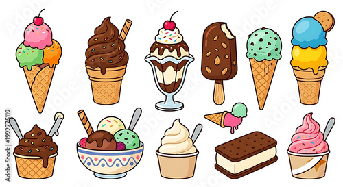 A vibrant collection of various hand-drawn ice cream treats including cones sundaes and bars in a whimsical cartoon style on a white background.