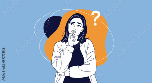 Young woman looking up thoughtfully with a hand on her chin and a question mark above her head representing a problem or decision.
