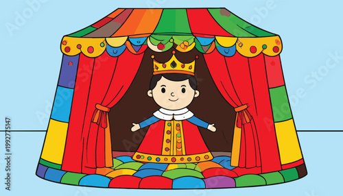 Cute Cartoon King Standing Proudly Inside Colorful Circus Tent.