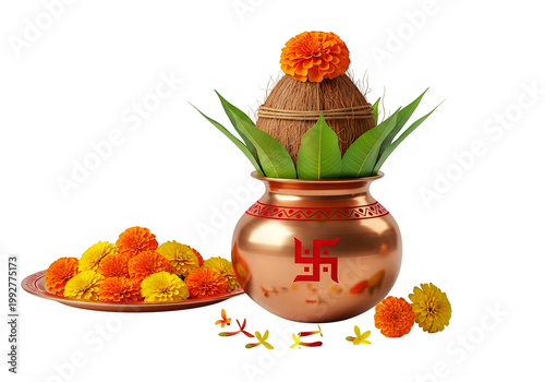 Hindu Kalash with Swastika symbol, coconut, mango leaves, and marigold flowers for religious ceremonies