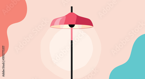 Elegant modern floor lamp with a pink shade and black stand casting a soft glow against a decorative abstract background.