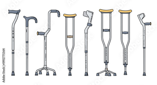 Collection of various medical mobility aids including wooden crutches, metal canes, and walkers for people recovering from injury.