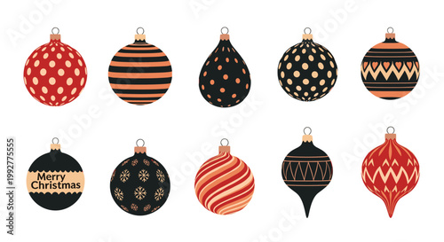 Decorative set of ten unique Christmas ornaments with different patterns like dots, stripes, and snowflakes for holiday tree decoration.