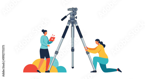 Two professional women working together to set up a large movie camera on a high tripod for a film production or photography shoot.