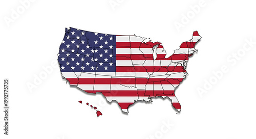 Map of the United States with American flag pattern on a white background for patriotic and national concepts